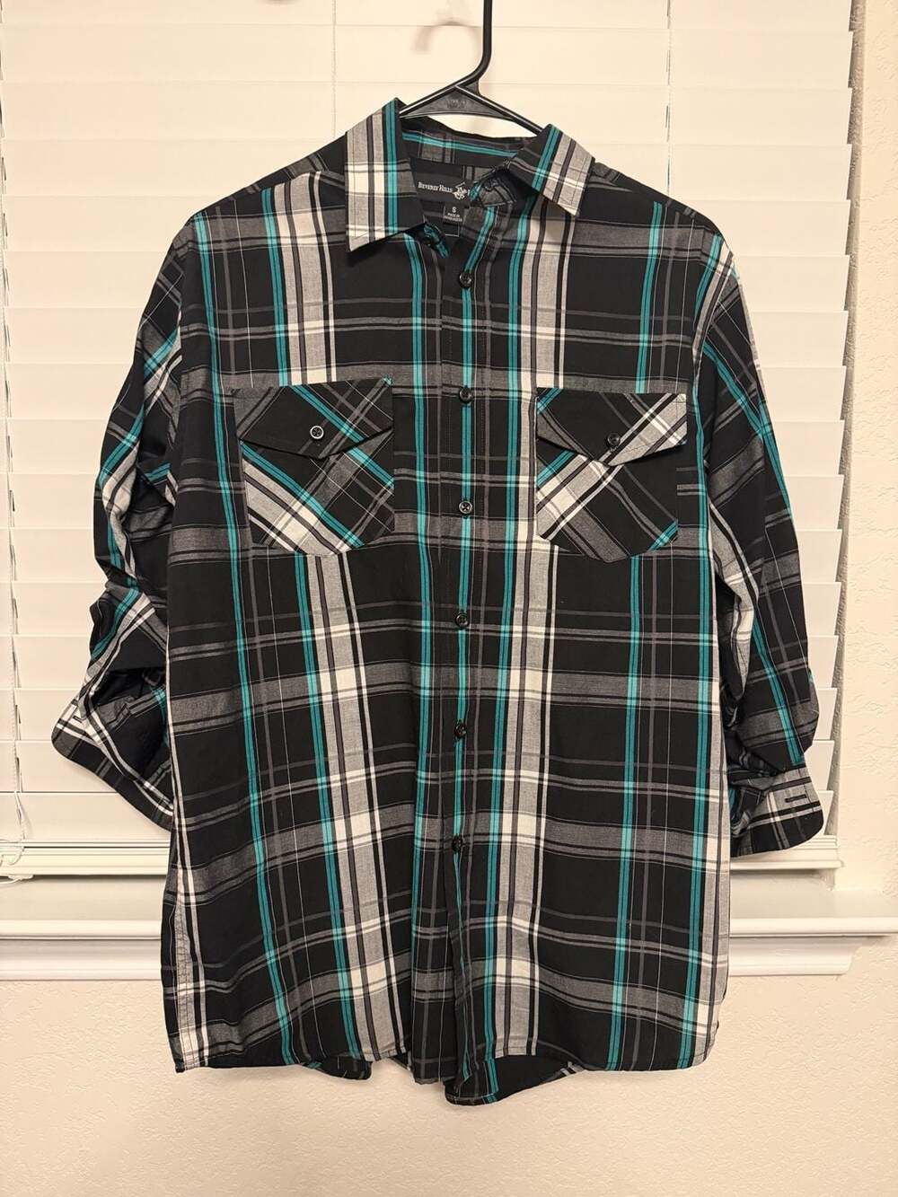 Beverly Hills Polo Club Plaid Button Down Shirt Size S Black Teal